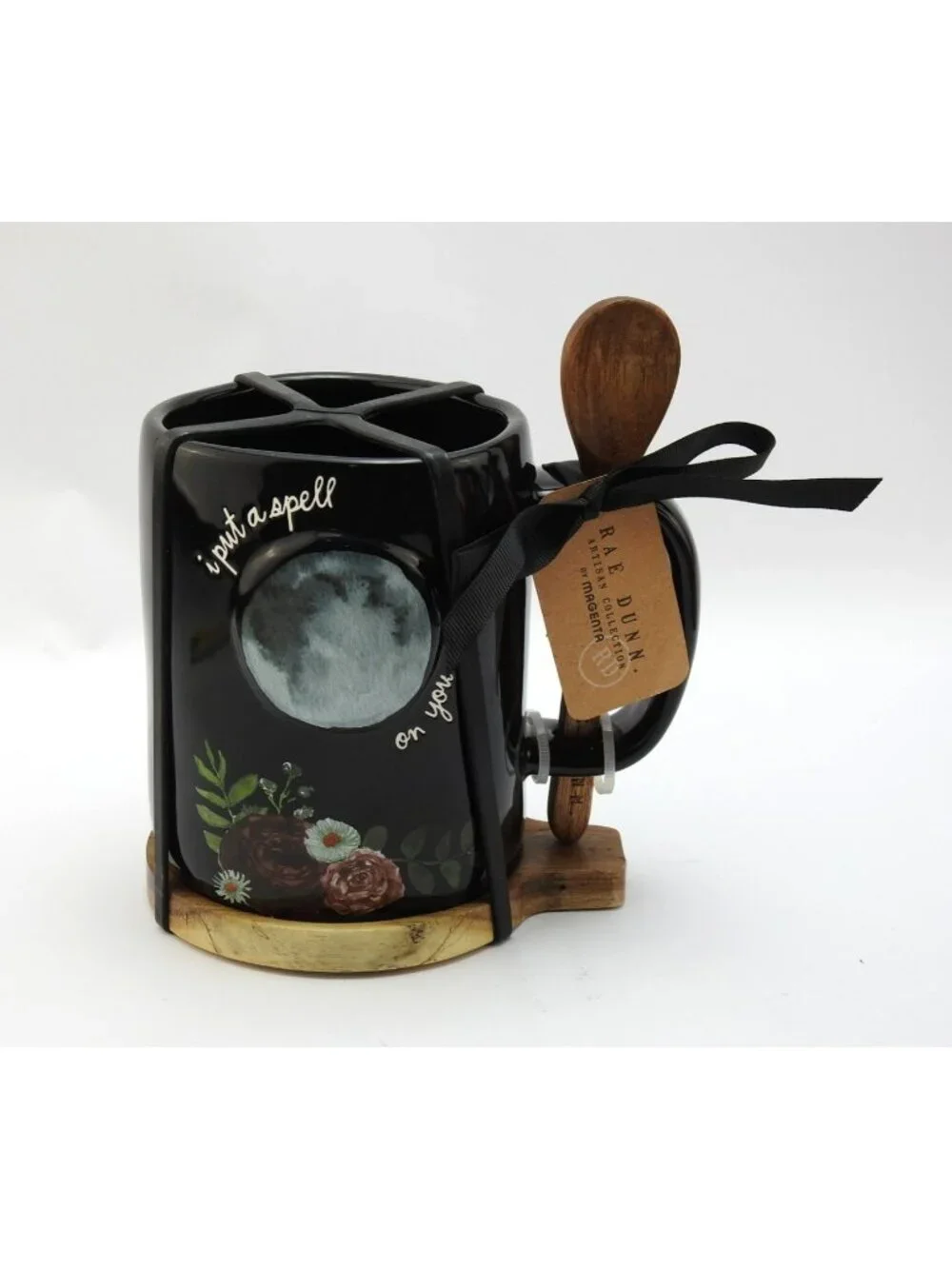 New Rae Dunn I Put A Spell On You Halloween Mug Wood Spoon Coaster Set